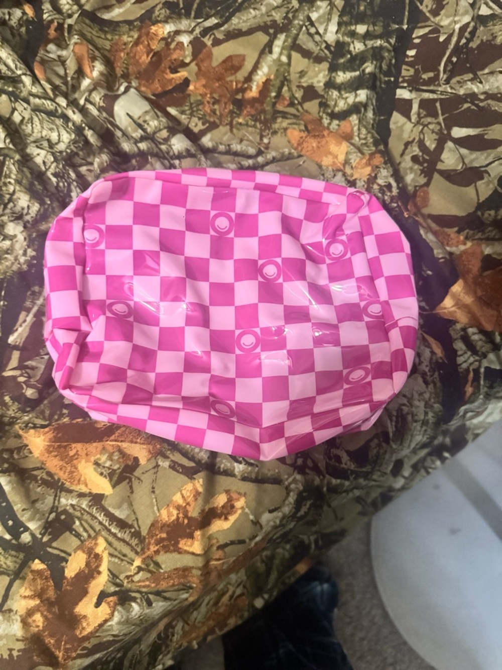 Pink Checkered Vinyl Cosmetic Pouch